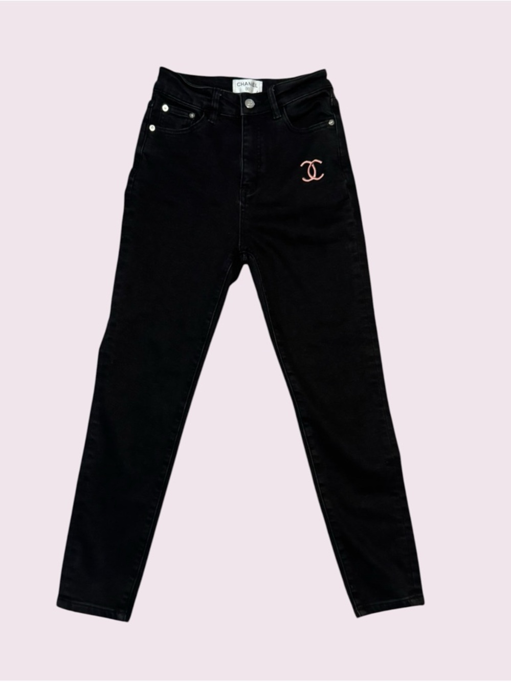 CHANEL Black Skinny Jeans with Pink CC Detail